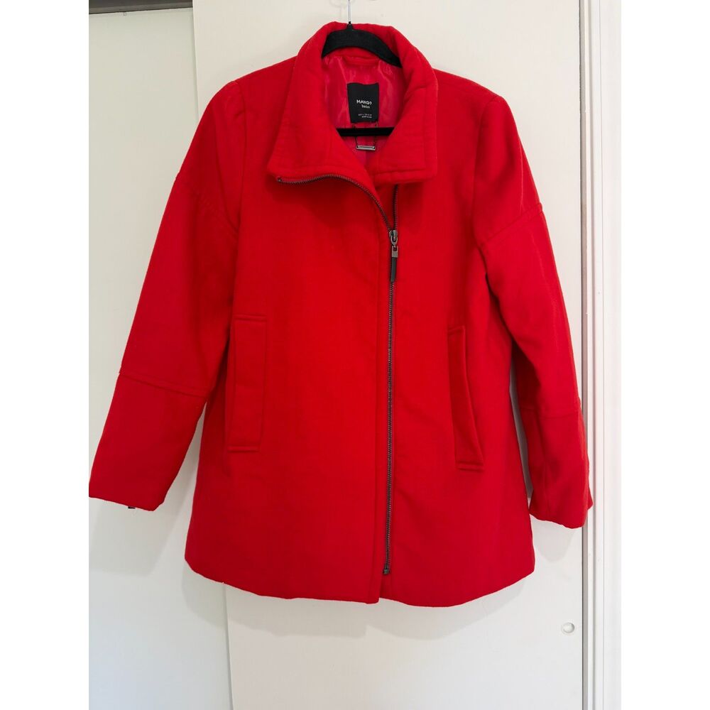 Mango Basics Bright Red Asymmetrical Zip Wool Blend Moto Coat Size M